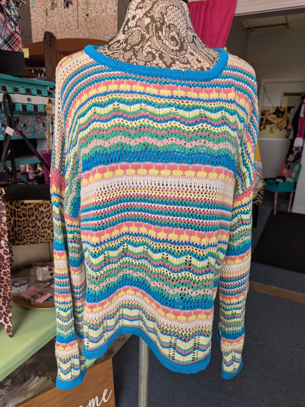 Multicolor Open-Knit Scoop Neck Sweater - Blue Trim